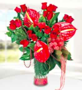 Red Anthurium and Roses in Vase