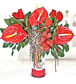 Red Roses and Anthuriums in Vase
