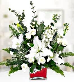 White Lilium Roses in Square Glass