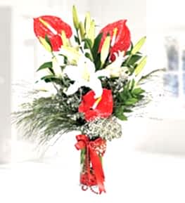 Red Anthurium and White Liliums in Vase