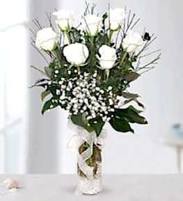 7 White Roses in Vase