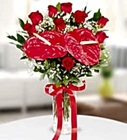 Red Roses and Anthurium in Vase