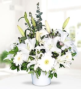 White Lilies and Gerbera in Ceramic Vase
