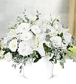 Lilies and Lisianthus in Ceramic Vase