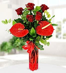 Anthuriums and Roses in Vase