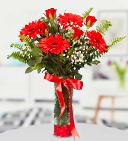 Red Gerberas and Roses in Vase