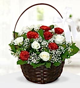 Flower Basket with Red and white Roses