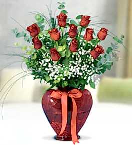 11 Red Roses in Heart Vase