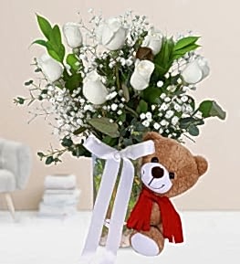 7 White Roses and Teddy Bear