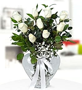 9 White Roses with Heart Vase