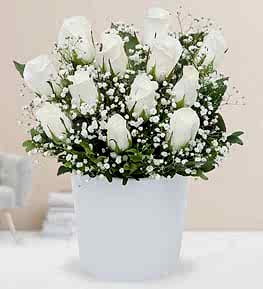 12 White Roses in Ceramic Vase