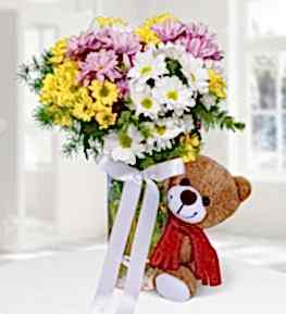 Daisies in Vase and Tedy Bear